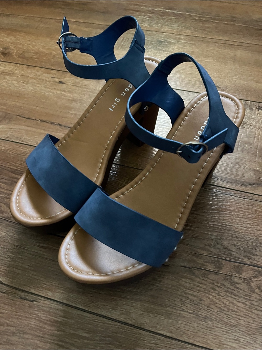 Madden Girl Navy and Tan Open-Toe Ankle Strap Sandals